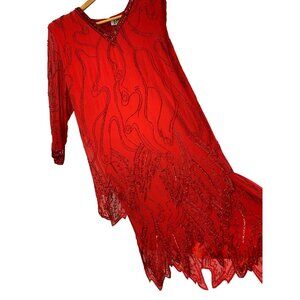 Vintage 80s Nite Line Red Bead Flapper Holiday Dress Silk XL 14/16 EUC